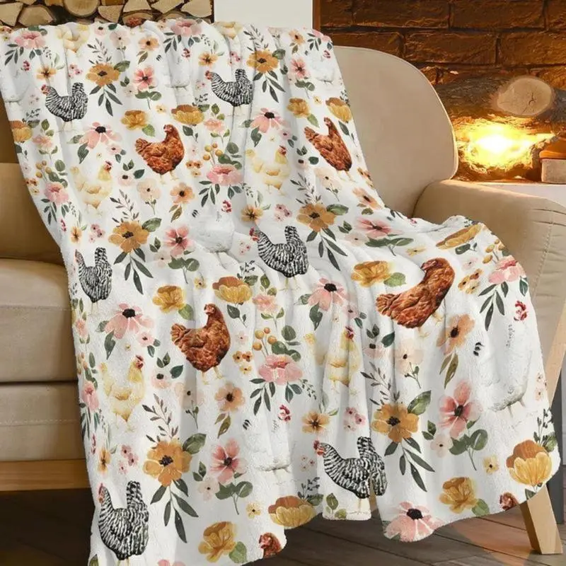 Soft Chicken Floral Print Fluffy Boho Animal-Faced Throw Blanket, Warm Plush Lightweight Fleece Flannel Farm Decor, Made in USA, Mothers Day Gift, Father's Day Gift for Farmer Lovers (b1217), Father's Day Gifts
