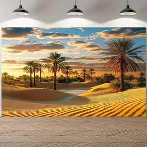 1pc Vintage Moroccan Architecture Print Backdrop • Blue Sky, White Clouds & Palm Trees Polyester Wall Decor • Desert Scene Decor • Vivid Color Display • Moroccan Home Decor for Portraits, Cand