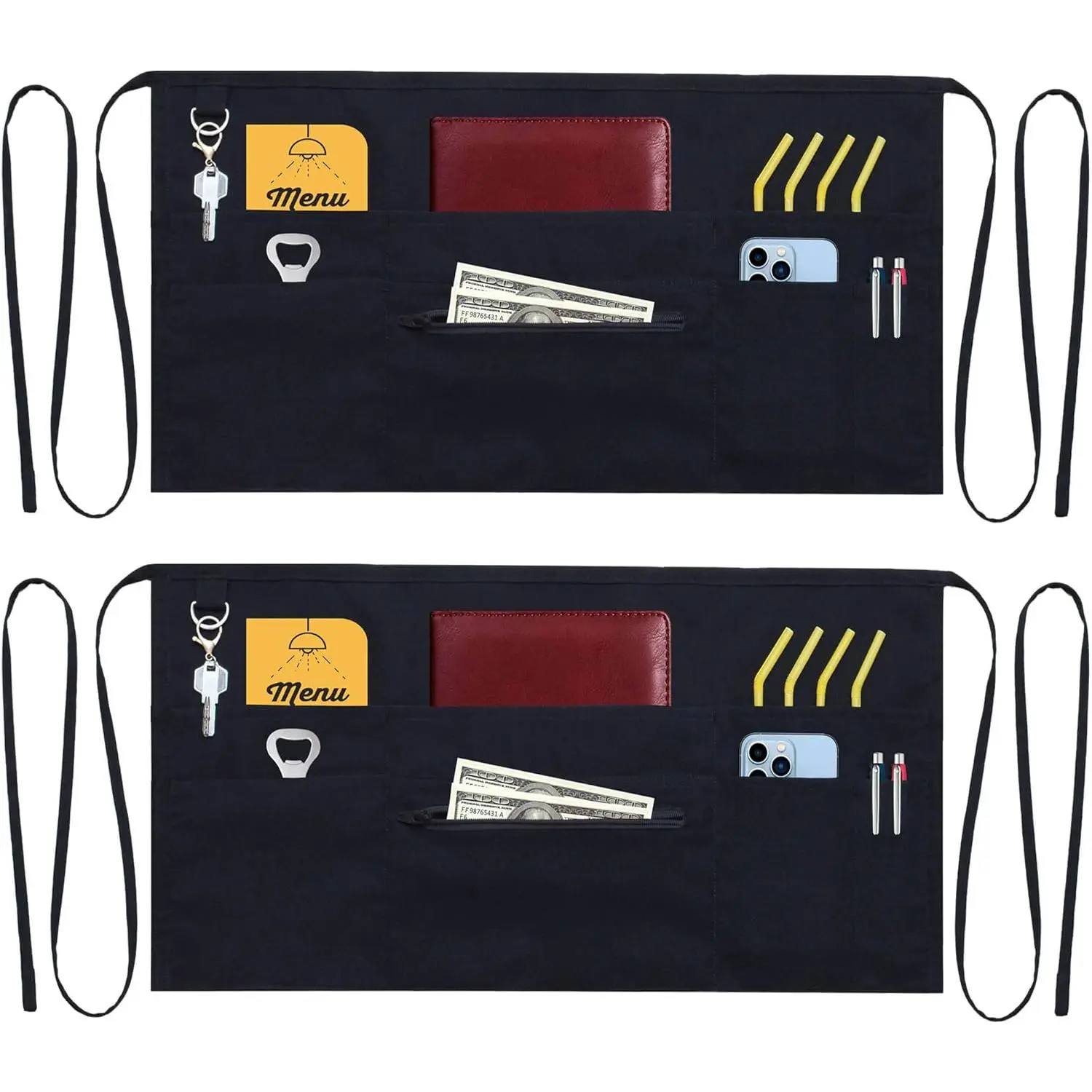 7 Pockets Server Aprons with Zipper Pocket (2 Pack) - Aprons for Women Men - Waiter Waitress Waist Half Apron 24x12