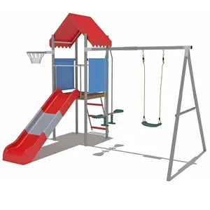 Outdoor Playset for Kids, Metal Swing Set with Slide, Treehouse Platform, Basketball Hoop & Pendulum Swing, Backyard Playground Equipment for Outdoor Play Children