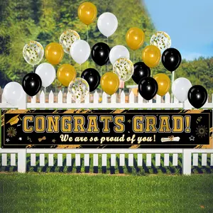 Large Congrats Grad Banner with 35 Pieces Balloons 2025 Yard Signs for High School College Graduation Party Supplies(Black Gold)