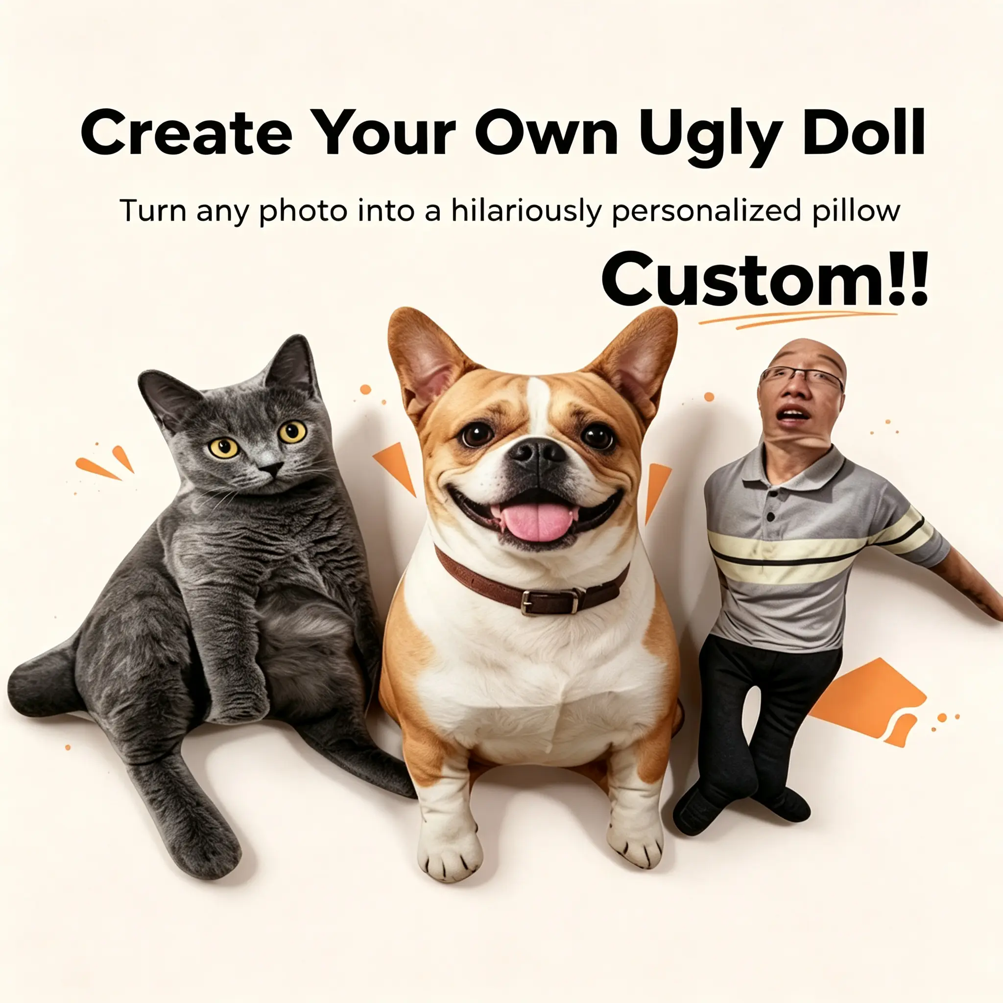 Custom！ Personalized Ugly Cute Full Body Photo Stuffed Doll, Custom Face Plush Toy for Human, Dog, Cat, Customized Funny Photo Gift for Birthday, Anniversary