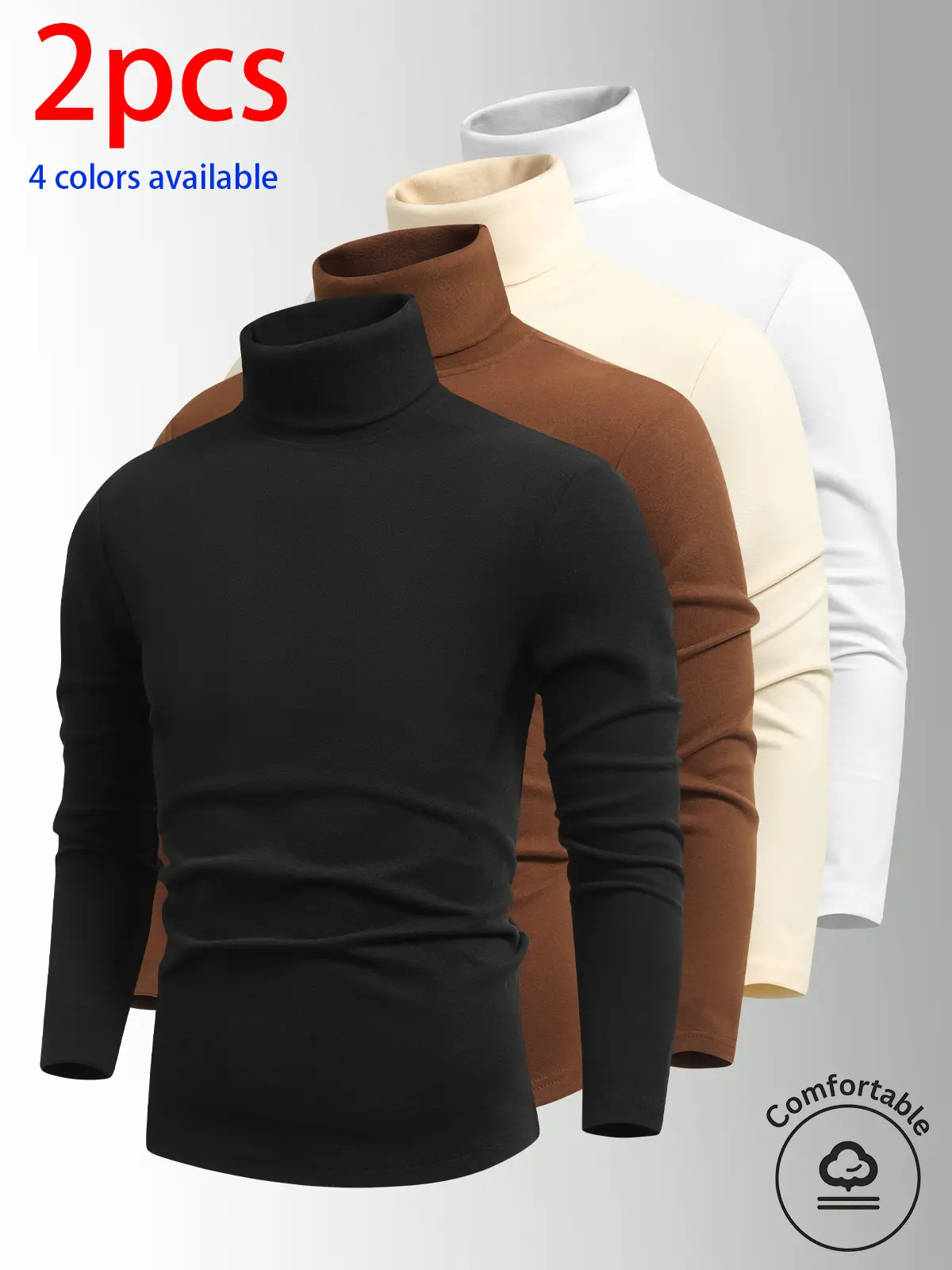 2-pack men’s high-neck long-sleeve tops: men’s terry high-neck base layer shirt, stretchy fabric that isn’t tight, solid-color long-sleeve layering top—basic style. High-neck design provides wind protection and temperature retention. Suitable for commutin