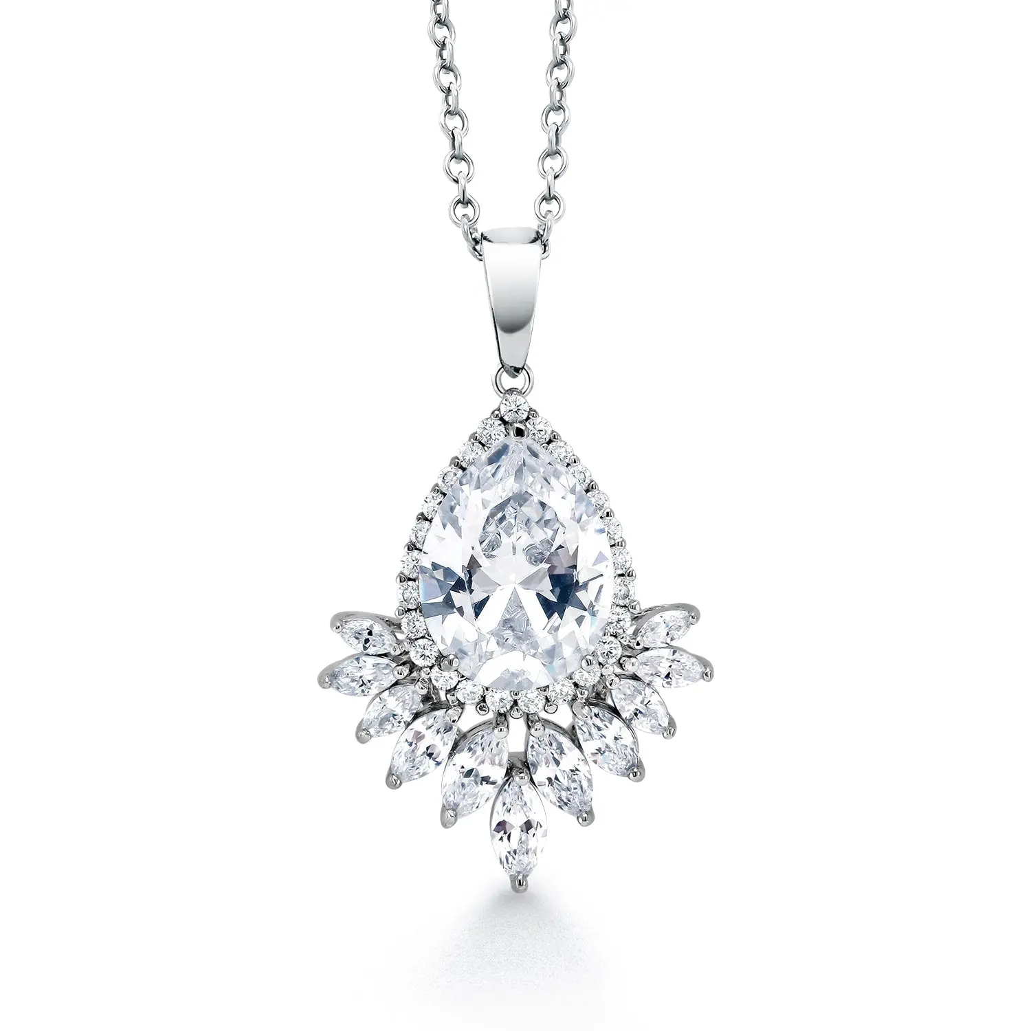Wedding Teardrop and Marquise AAA Cubic Zirconia Chandelier Design Halo Pendant Necklace - 16+2 Inch Chain