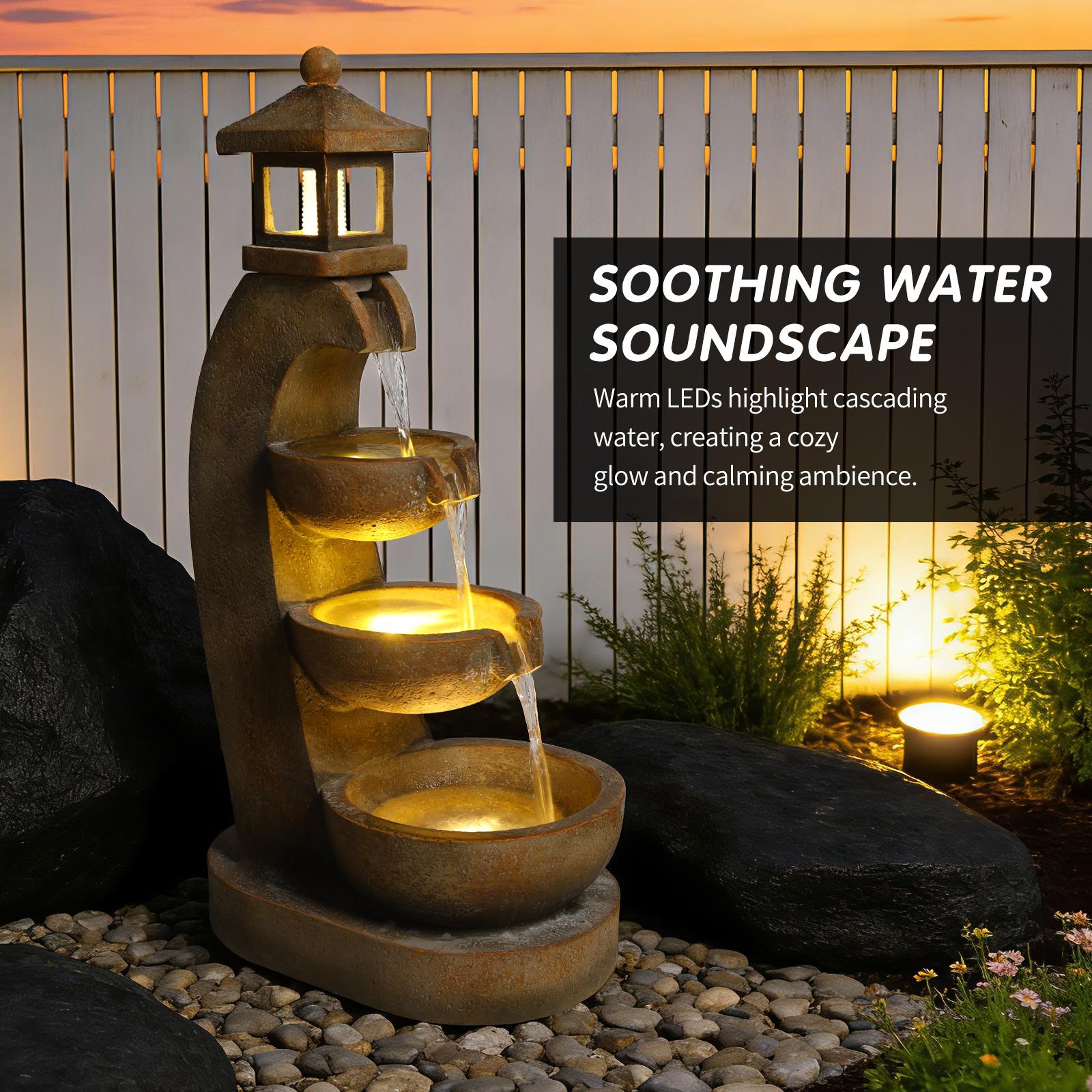 Eyisean 35.4" H Resin Outdoor Water Fountain, All-Weather Freestanding Pagoda Water Feature with LED, 3 Tier Bowl Cascading Lantern Style Garden Fountain for Porch, Home Decor Ideal Gift