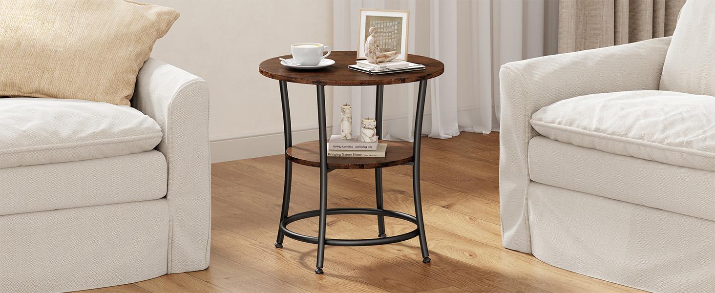 2-Tier Side Round Table for Living Room, Accent End Table with Storage Shelf,Sturdy Metal Frame Nightstand for Small Space, Round Bedside