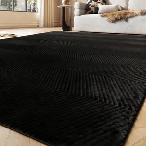 Area Rug for Living Room - 3x5 Soft Faux   Modern Geometric Wave Carpet for Bedroom, Black