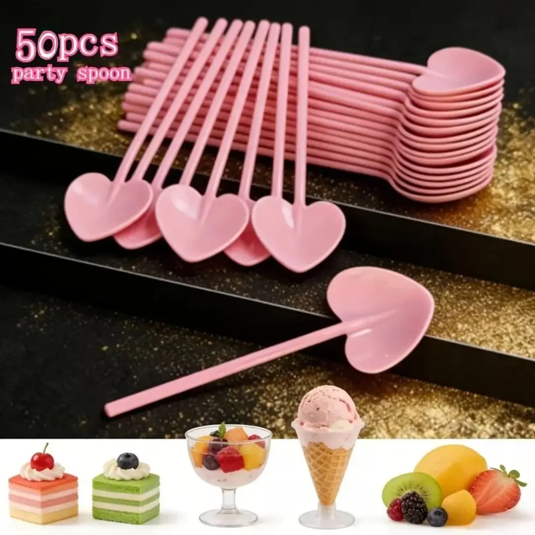 50pcs Romantic Heart Spoons, Cute Mousse Spoon, Ice Cream Spoon, Coffee Spoon, Pudding Spoon, Jelly Spoon, Multi-Use Spoons for Parties, Plastic Spoon