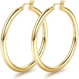 FIASASO 14K Plated Gold Chunky Hoop Earrings for Women With 925 Sterling Silver Post Hollow Tube Hoops Earrings 4mm Thick Hoop Earrings Hypoallergenic Lightweight Large Hoop Earrings 25/30/40/50/60/70MM, Earring For Women