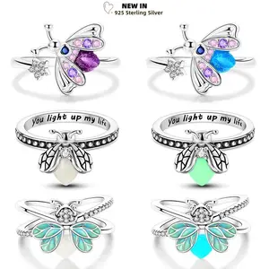 Luck Luminous Firefly Rings 925 Sterling Silver Summer Night Glowworm Blue Purple Fit Original Women Ring Wedding Jewelry Gifts