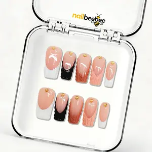 Sweater Knit French Tip Short Square Press-On Nails (1 Inch),10pcs Handmade Sweater Knit French Tip Short Square Press-On Nails | 1 Inch Neutral Gold Stud Fake Nails | Reusable Office Wear Fake Nails | Fall Gift for Her