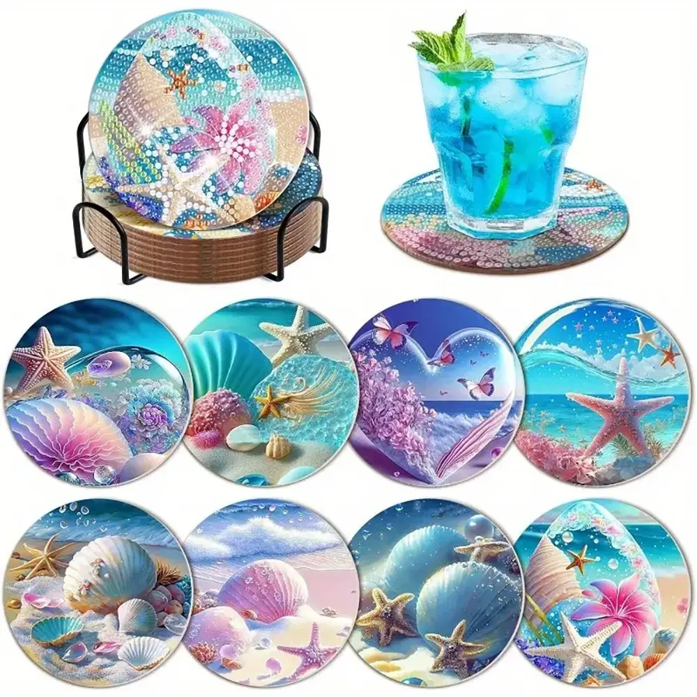 8-Piece Diamond Art Cup Mat Set with Stand, DIY Ocean Series Diamond Art Coasters, Suitable for Adults and Beginners, Perfect Gift, Diamond Painting Coasters