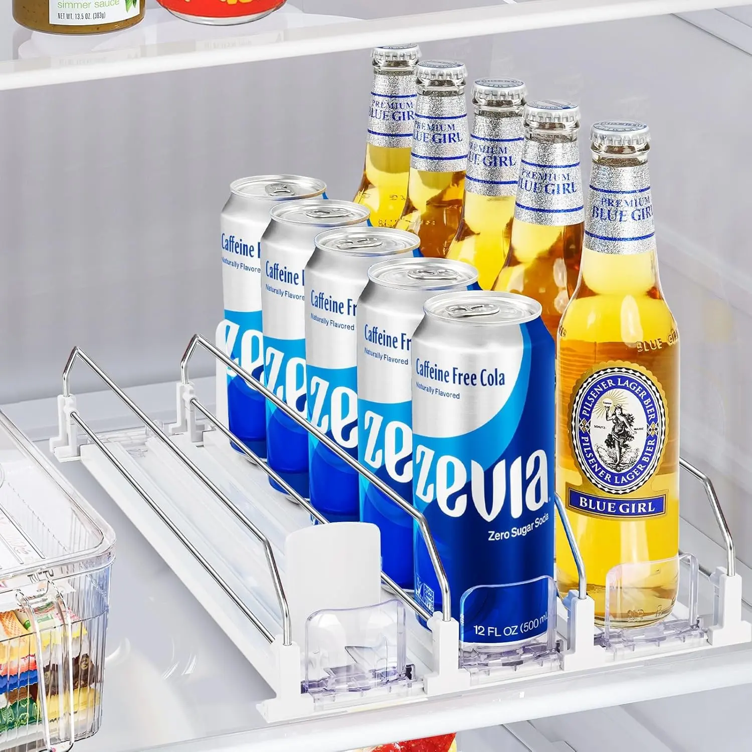 DILIBRA White Drink Organizer for Fridge Automatic Pusher Glide Dispenser Holds 15/20/25 Cans Adjustable Width for Soda Beer 3/4/5 Rows High-Quality ABS Plastic & Stainless Steel Easy Maintenance drink  organizer  for  fridge