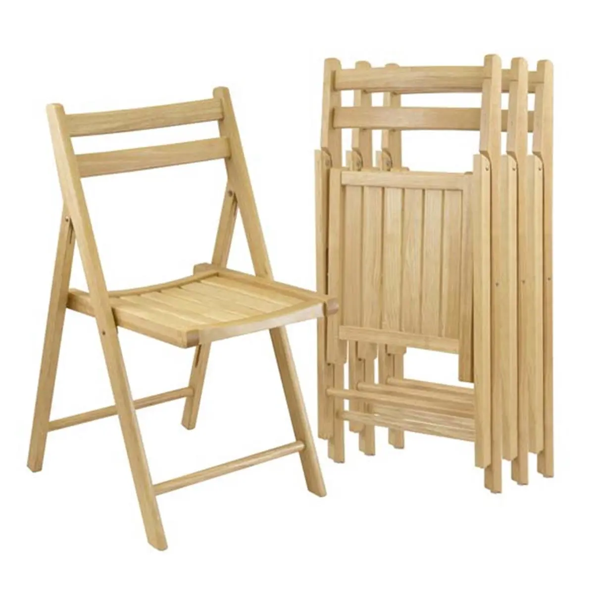 212 MAIN Set of 4 Portable Folding Indoor Furniture Chairs - Solid Wood, Curved Back, Slatted Seat, Natural Finish, Compact Design for Easy Storage, Portable Folding Chair