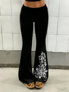 Viral TikTok Y2K Floral Print Flare Pants, Casual Chic Bottoms, Casual Fashion Fitted, High-Waisted Stretchy Bell Bottoms, Retro Vintage Streetwear for Clubbing, Date Nights & Daily Casual Outfits, Women’s Y2K Revival Look