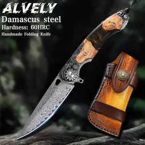 ALVELY Handmade Damascus Steel Pocket Knife，3.5" blades men and women Folding knife，With leather sheath，resin and Maple handle，Suitable for outdoor EDC carry, camping adventure hunting