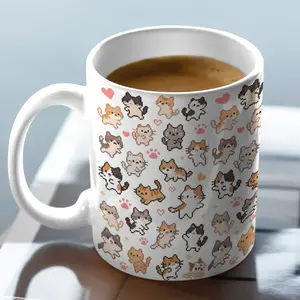 1pc Japanese Anime Cat Mug with 11 Tabby & Tuxedo Cats - Pink Paw Print & Heart Design Glossy Ceramic Coffee Cup, Dishwasher - Cute Kawaii Tea/Coffee Cup for &, /Christmas Gift for Cat Lovers I