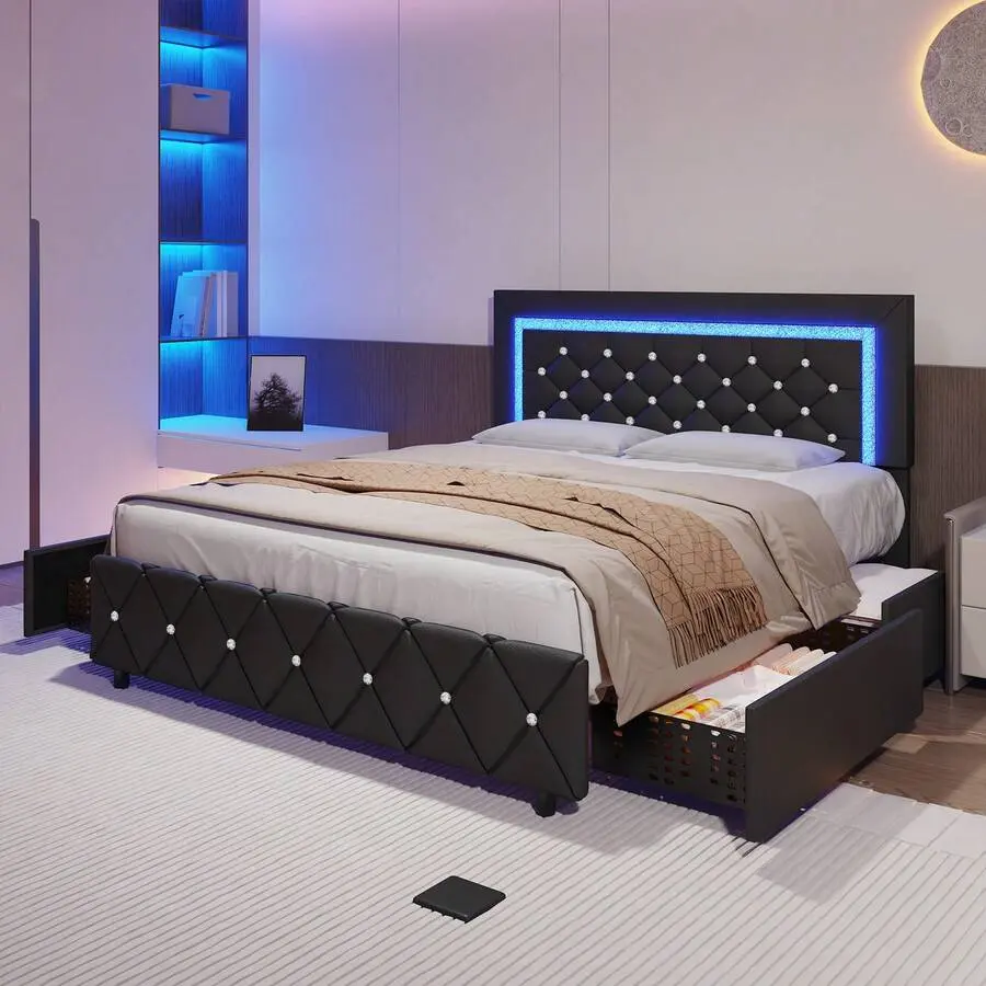 Upholstered Storage Bed Frame - Queen Size, Rustproof PU Leather, Diamond Tufted, 4-Drawer, LED Lights, Headboard, Footboard, Non-Slip Stability, Elevated Toolless Assembly Required, No Box Spring Needed, Apartment-Friendly, Twin/Full Size Upgrade Options