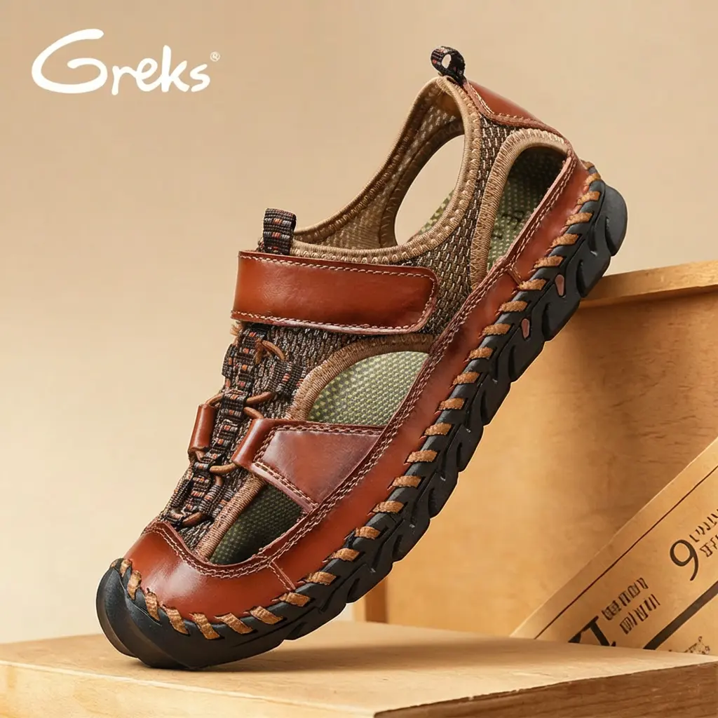 GREKS Men's Casual Closed-Toe Sandals, Breathable Mesh Fisherman Walking Shoes with Protective Toe, Lightweight Non-Slip Rubber Sole