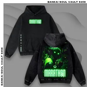 Cyberpunk Glitch Marathon game T-Shirt Vintage Acid Wash Black Hoodie, Retro 90s HipHop Graphic Double Printed Sweatshirt, Aesthetic Oversized Unisex Tee Tank Top Gift