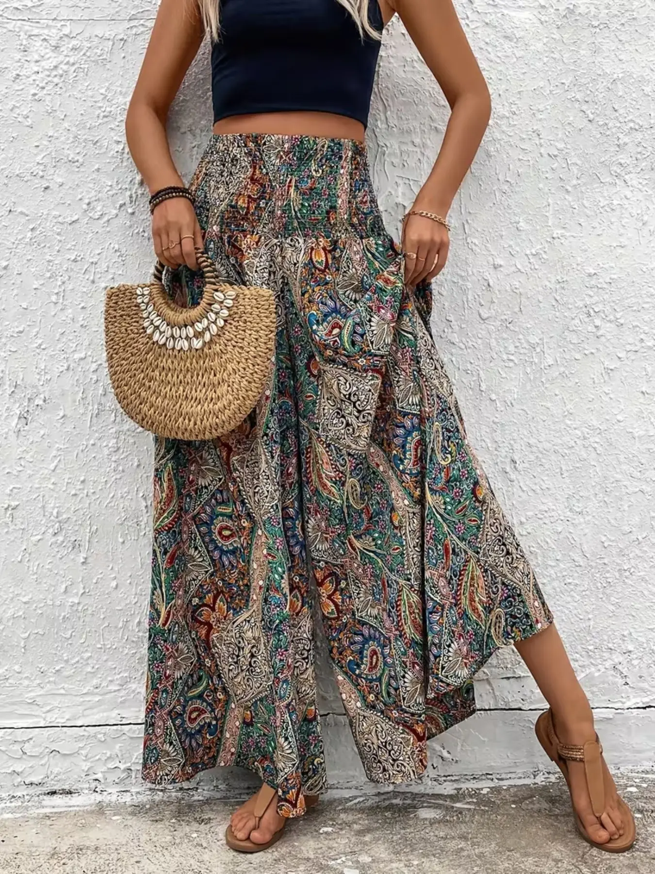 Plus Size Women's All Over Print Wide Leg Pants, Boho Casual Trousers, Aesthetic Boho Style Ethnic Pattern, Fitted High Waist Straight Leg, Shirred Design, Bohemian Bottom, Casual Fashion Bottoms, Everyday Womenswear