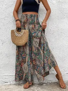 Plus Size Women's All Over Print Wide Leg Pants, Aesthetic Boho Style Ethnic Pattern, Fitted High Waist Straight Leg, Shirred Design, Bohemian Bottom, Everyday