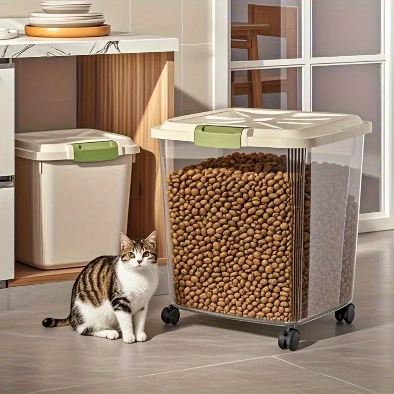 [1pc Pet Food Containers] 1pc Wheeled Pet Food Containers | Transparent Square Design, Durable PP Material for Dog, Cat, Bird & Pet Food Storage | Freshness Preservation & Easy Mobility