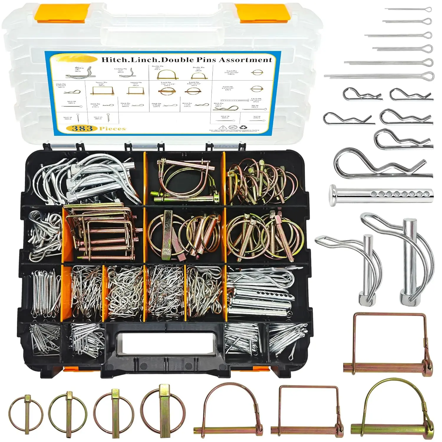 383 PCS Heavy Duty Pin Assortment Kit, Hitch Pins R Clip PIns/Hair Pins/Lynch Pins /PTO Pins/Clevis Pins/Cotter Pins for Trucks Trailers Tractors Mowers 3 Point Accessories, Farm,Lawn and Garden