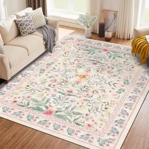 Lavender Floral Area Rug, Soft Non-Slip Carpet for Living Room & Bedroom, Vintage Bohemian Style for Sofa and Kitchen, Boho Floral Rug