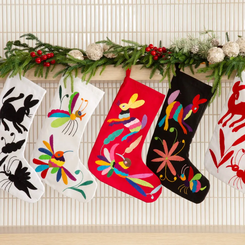 Handcrafted 100% Cotton Otomí Christmas Stocking, White & Multicolor Embroidery, Native Flora & Animal Themed Festive Home Decor for Holiday Spirit Boost