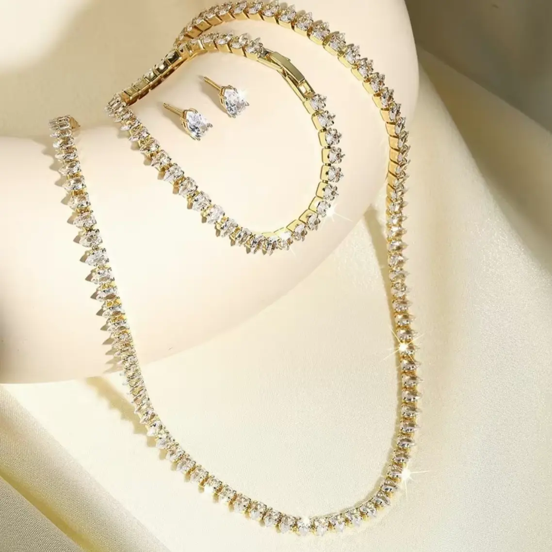 Luxury teardrop-shaped cubic zircon tennis jewelry set -3-piece set of necklaces, bracelets and earrings, specially designed for women | 14K gold/silver-plated low-sensitivity wedding jewelry, suitable for weddings, proms,parties, anniversaries, birthdays