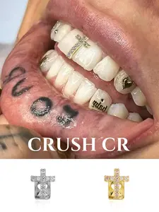 CRUSH CR Minimalist Luxe Iced Out Cross Single Tooth Grillz for Women 14K Gold Plated Compact Subtle Full CZ Pave Cross Design, Hypoallergenic Ultra-Lightweight Removable Grillz Ideal for Brunch Dates Weekend Gatherings Casual Outings Church Events
