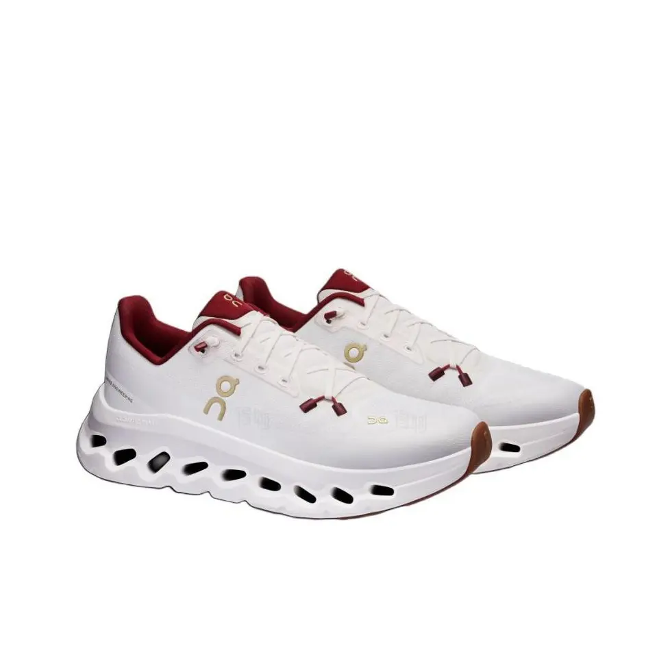 Off White Breathable Knit Mesh Unisex Road Running Sneakers Burgundy Collar & Lace Lock Light Gold Metal Logo Hollow Cutout White EVA Cushion Midsole Gum Rubber Toe Shock Absorbing Long Distance Training Athletic Shoes