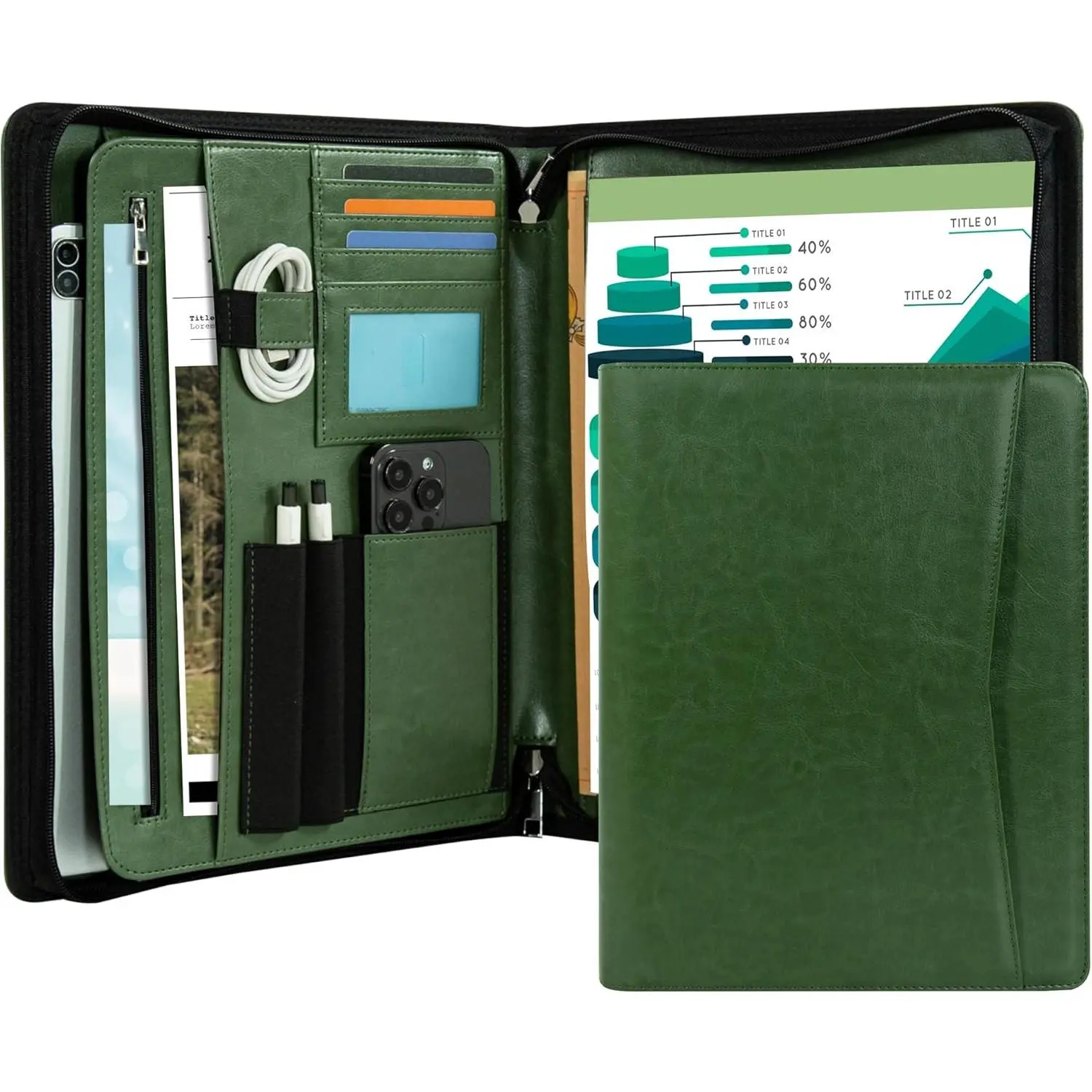 Leather Zippered Portfolio Folder - Professional Binder with A4 Writing Pad Holder, Business Organizer for Women, Ideal for Resume Interviews