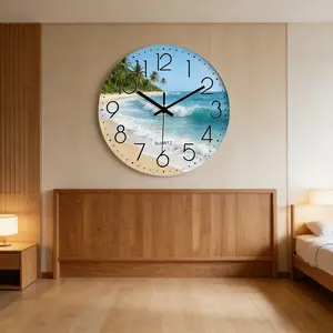 Silent Movement Tropical Sea View Wall Clock, Nordic Style Wall Decor Clock, No Tick-Tick Sound for Living Room Bedroom