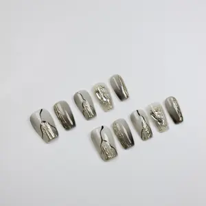 Metallic Silver Ladder Design False Nails