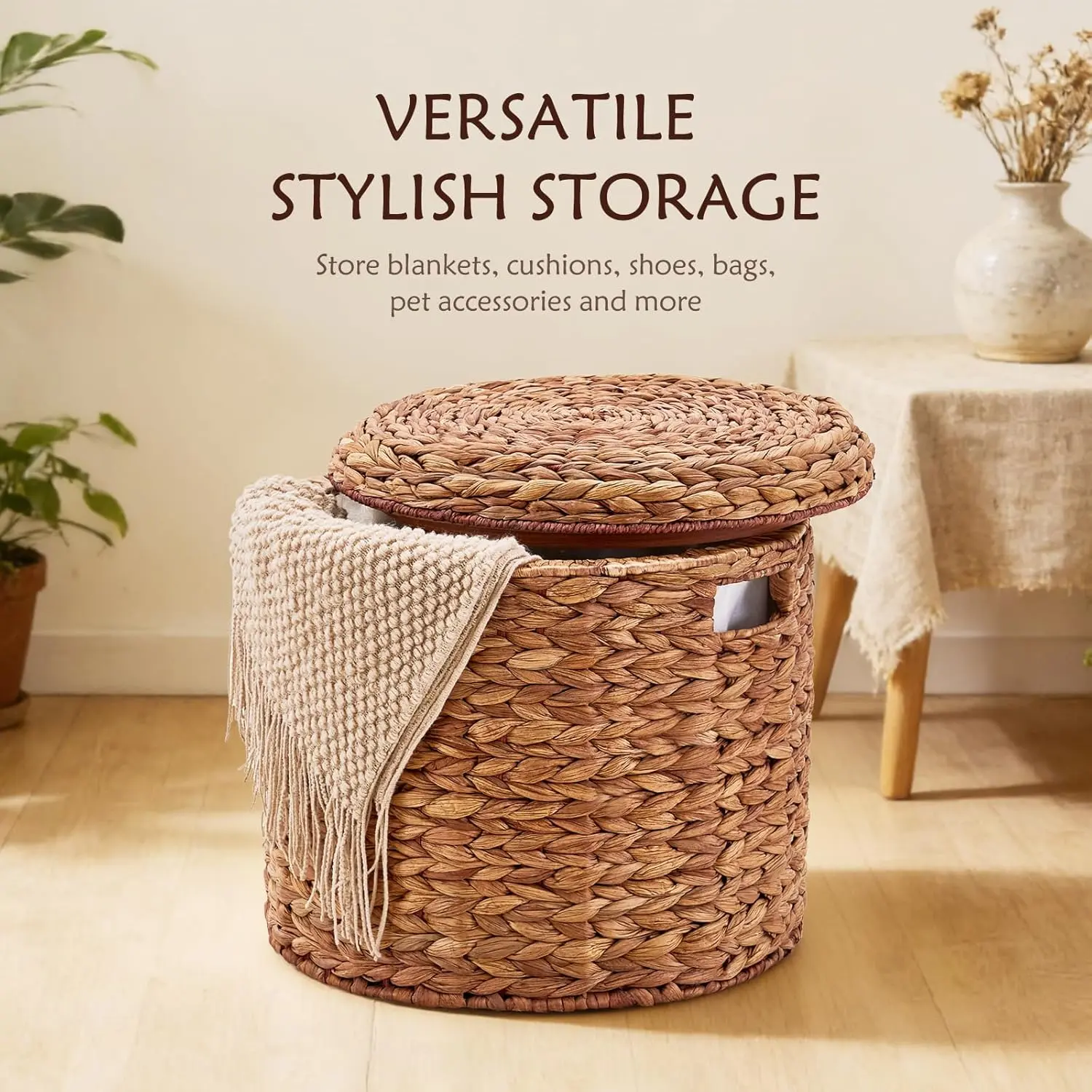 Handwoven Water Hyacinth Storage Basket with Lid, Round Woven Storage Ottoman with Wooden Top, Water Hyacinth Storage Stool, Dual-Purpose Seat & Organizer for Living Room, Bedroom, Entryway