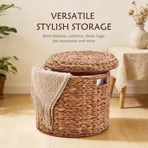 Handwoven Water Hyacinth Storage Basket with Lid, Round Woven Storage Ottoman with Wooden Top, Water Hyacinth Storage Stool, Dual-Purpose Seat & Organizer for Living Room, Bedroom, Entryway