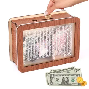 Transparent Piggy Bank with Dollar Sign, DIY Wooden Savings Jar, Money Jar, Reusable and Writable, Ideal for Coins and Bills, Perfect Gift for Kids, Wooden Savings Box