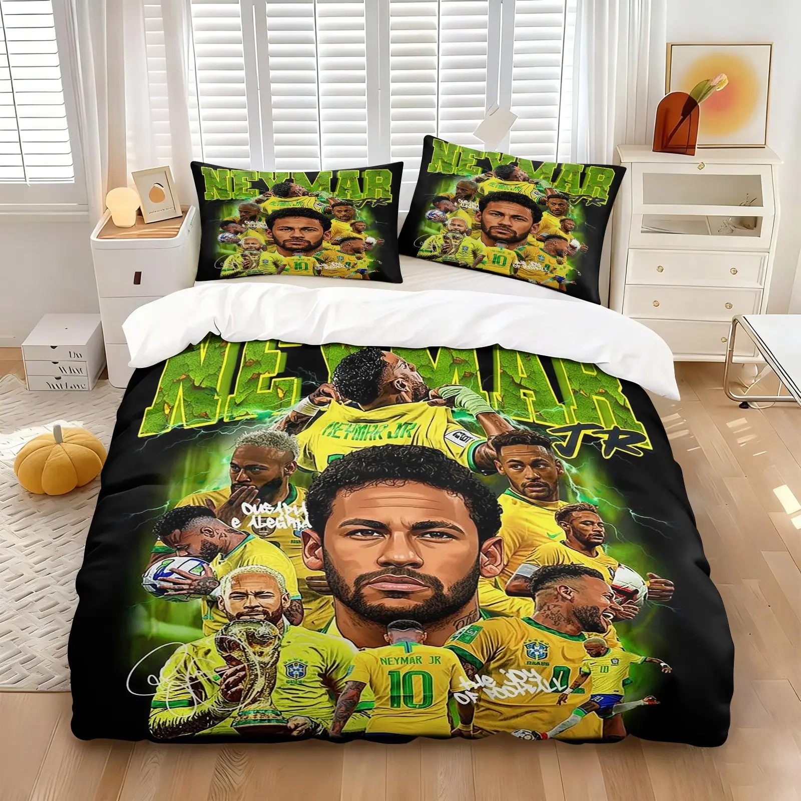 Hot-selling Brazil Team No. 10 Theme Bedding Set Football Star Collage Design Ideal Bedding for Supporters Stylish & Durable Bedroom Decoration Perfect Gift Set Ideal Present for Football Enthusiasts