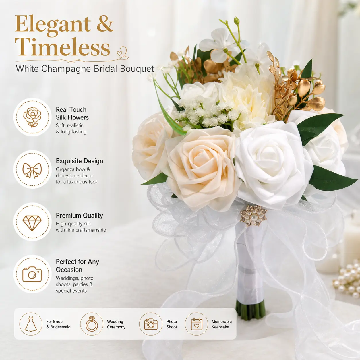 White Champagne Artificial Rose Bridal Bouquet With Organza Bow & Rhinestone Decor, Real Touch Silk Flower Wedding Bouquet For Bride Bridesmaid Wedding Ceremony Photo Shoot