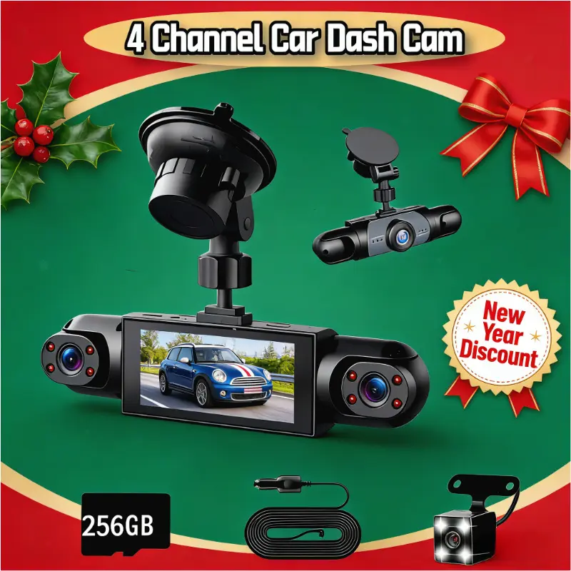 4 Channel Car high definition dashcam with 256GB Memory Card ,1080P Car DVR ，Car Video Surveillance with Night Vision，24/7Parking Mode Car DVR Hd Screen Front Rear Left And Right  Vehicle Black(Not wireless)   Requires charging to use