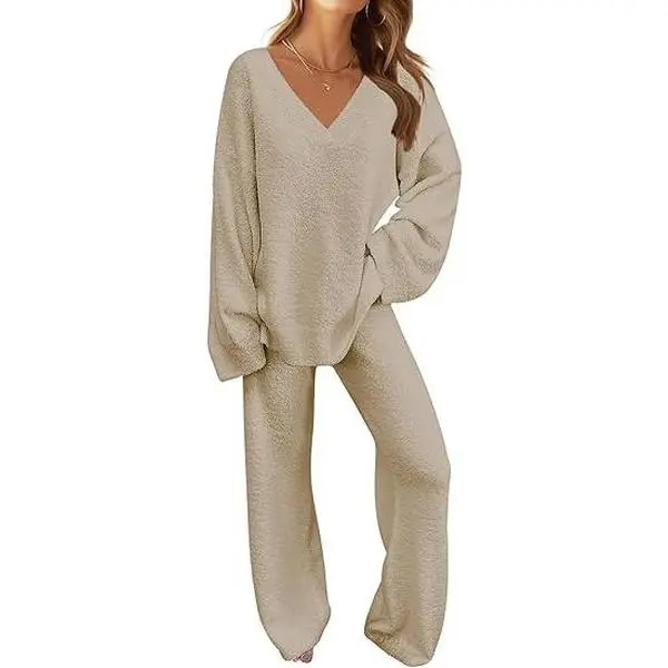 MEROKEETY Women's 2-Piece Fleece Matching Set - 2025 Fall Winter Fuzzy Sweater Pajama Loungewear, Cozy OOTD 2 Piece Sets for Women, 2 Piece Sets Women