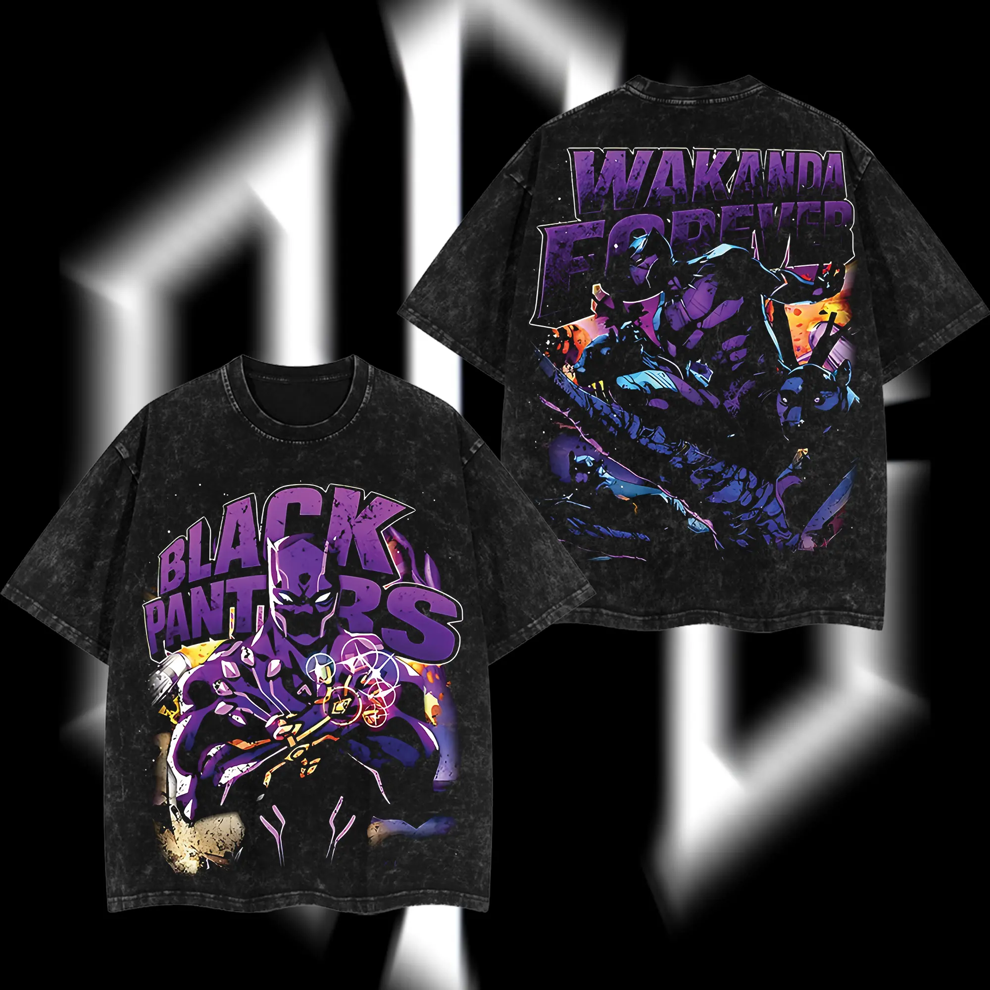 SuperStyle Black Panther King T’Challa Wakanda Forever MCU Comics Oversize Soft Seamless Shortsleeve T-Shirt, Acid Washed Double Printed Cotton Apparel, Lightweight Streetwear Graphic Top for Men