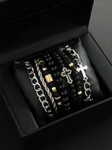 Men's Casual Fashion Stackable Beaded Bracelet Set with Cross Beads and Diamond Style, Iron Chain and Zinc Alloy Hand Chain for Daily Wear, Great Gift for Boyfriend or Father