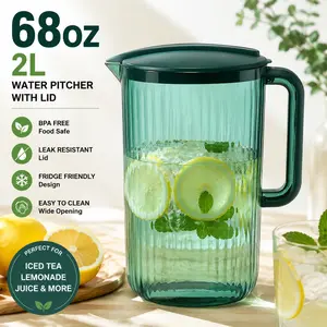 68oz Water Pitcher with Lid, 2L Ribbed Plastic Pitcher for Iced Tea, Lemonade & Juice, Fridge-Friendly Beverage Jug, Modern Kitchen Drinkware