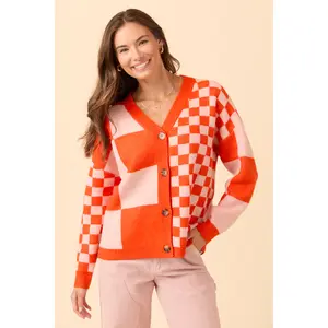 Alyssia Coral And Orange Checkered Cardigan FINAL SALE