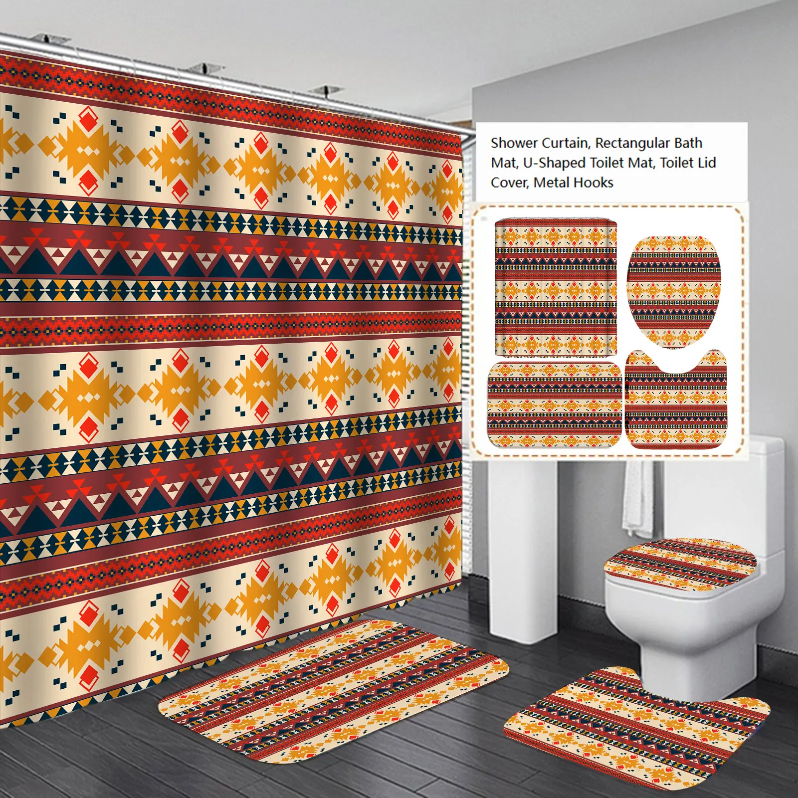 4Pcs Aztec Tribal Waterproof Shower Curtain Set, Bohemian Southwest Geometric Print with Absorbent Non-Slip Bath Rugs, Ethnic Boho Bathroom Accessories
