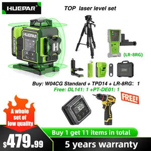 【Buy 1 get 11】Huepar W04CG Laser Level with Triopd &Receiver 4D Bluetooth Construction Lazer Leveler Tool with Electric Rotating Base ＆ Large LCD Screen, 4D 16 Lines Green Cross Laser Level