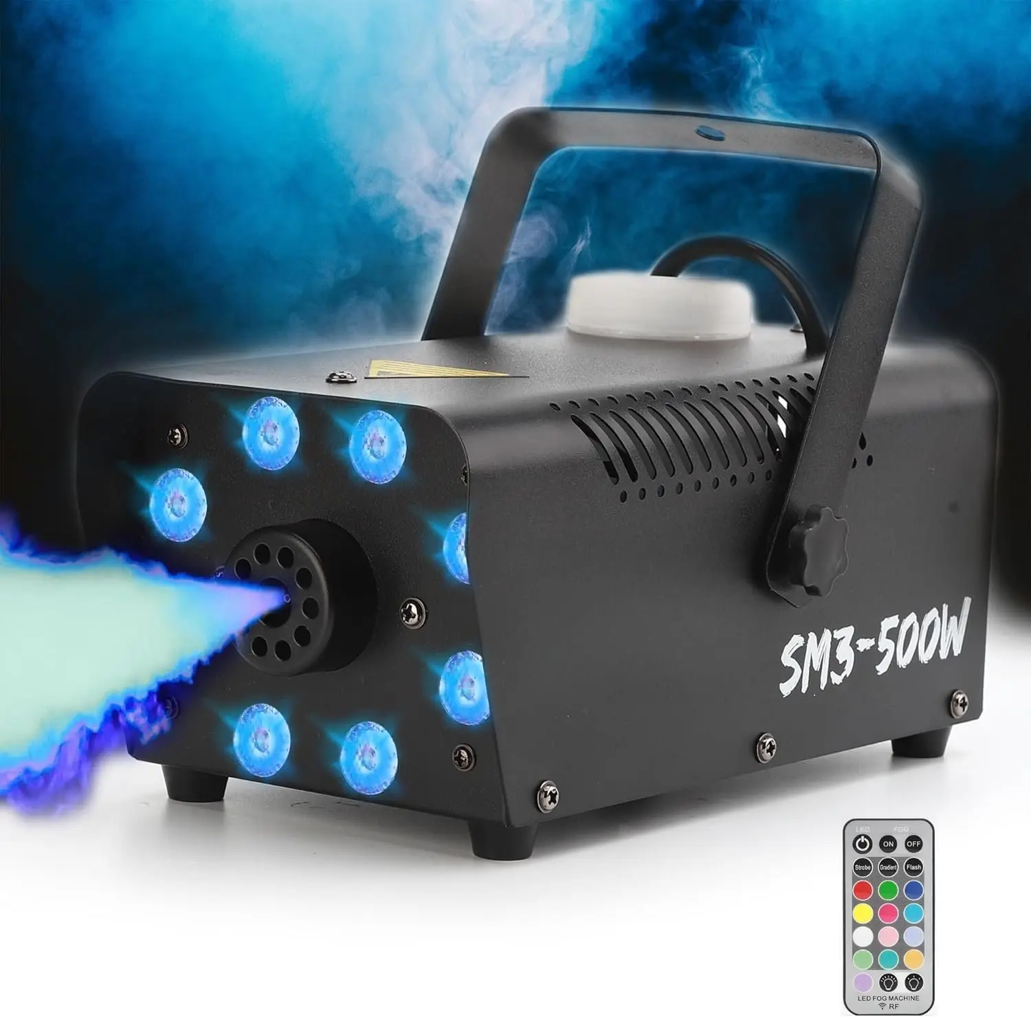 500W Iron Mini Fog Machine with 13 Colorful Lights, 2500CFM Output, Remote Control, Auto Mode, Fuse Protection, Portable Stage Effect Unit for Indoor Outdoor Party, Wedding, Durability